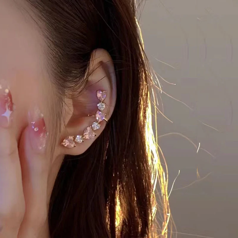 

Minar Romantic Shinning White Pink Color CZ Cubic Zirconia Love Heart Two Tone Stud Earrings for Women Long Statement Ear Cuff