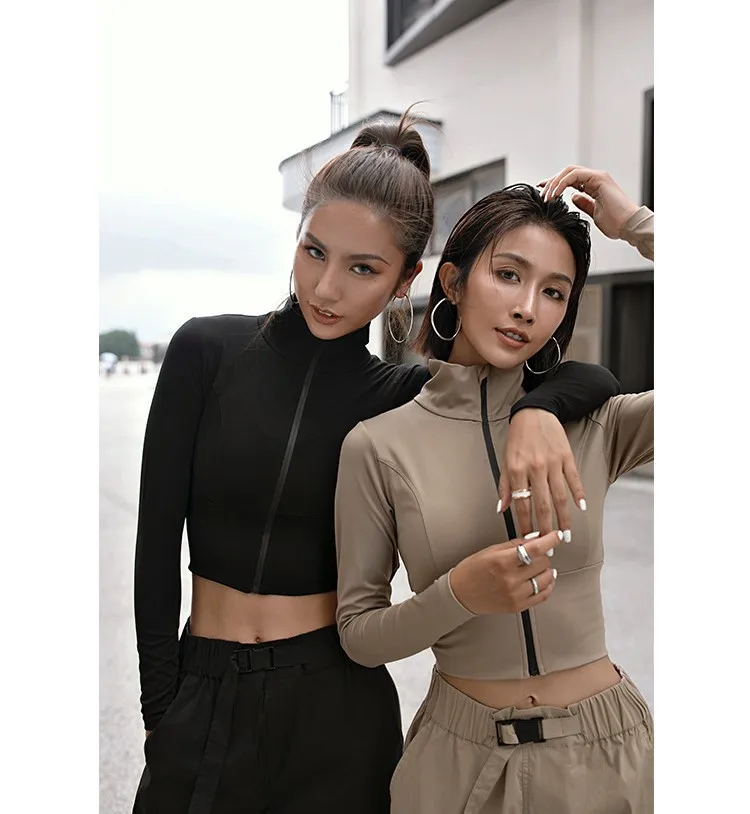 Womens' Zip Crop Top Yoga Long Sleeve Push Up Zipper Sportswear High Collar Training Clothing Out Wear Fitness Jacket