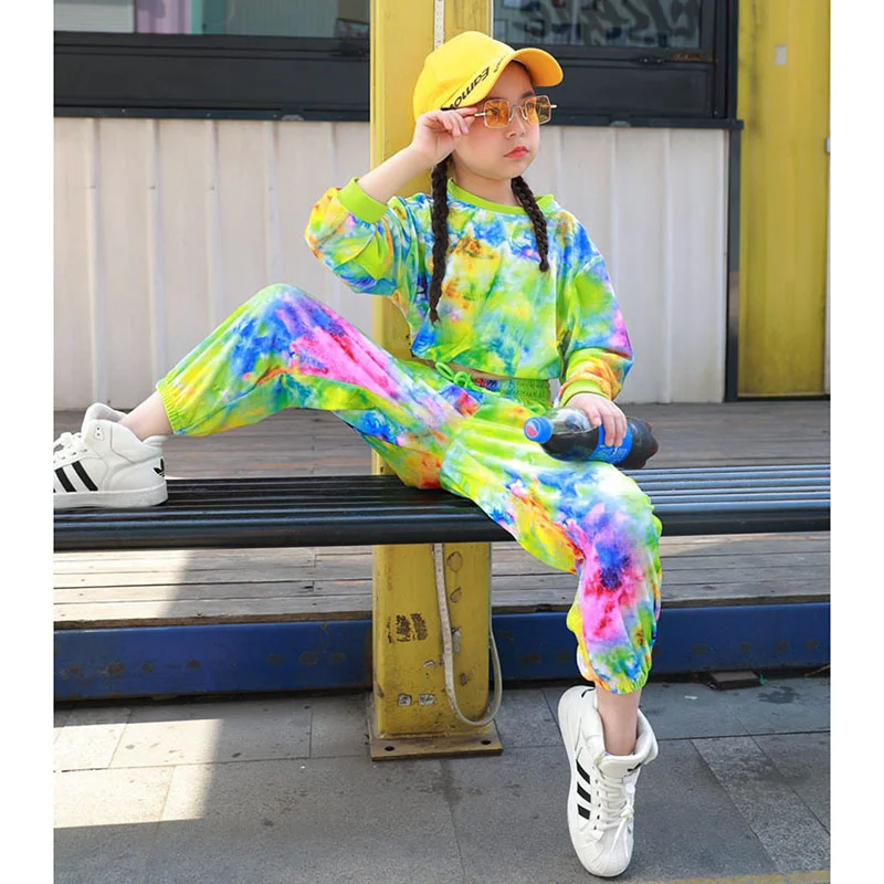 

Одежда в стиле хип-хоп, разноцветная толстовка, повседневные брюки для девочек, одежда для сцены в стиле джаз