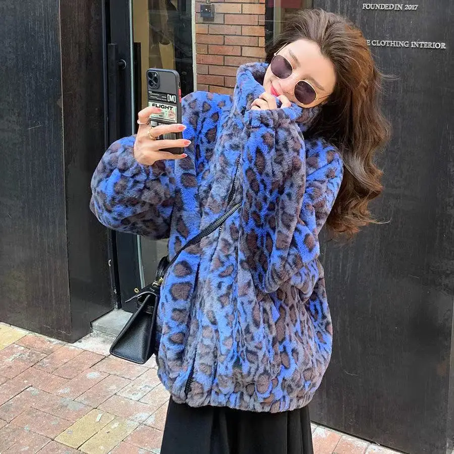 Winter Fashion Women oversized Colorful Leopard Print Faux Fur Coat Women Long Sleeve Zip Up Warm Soft Fluffy Korean Jacket