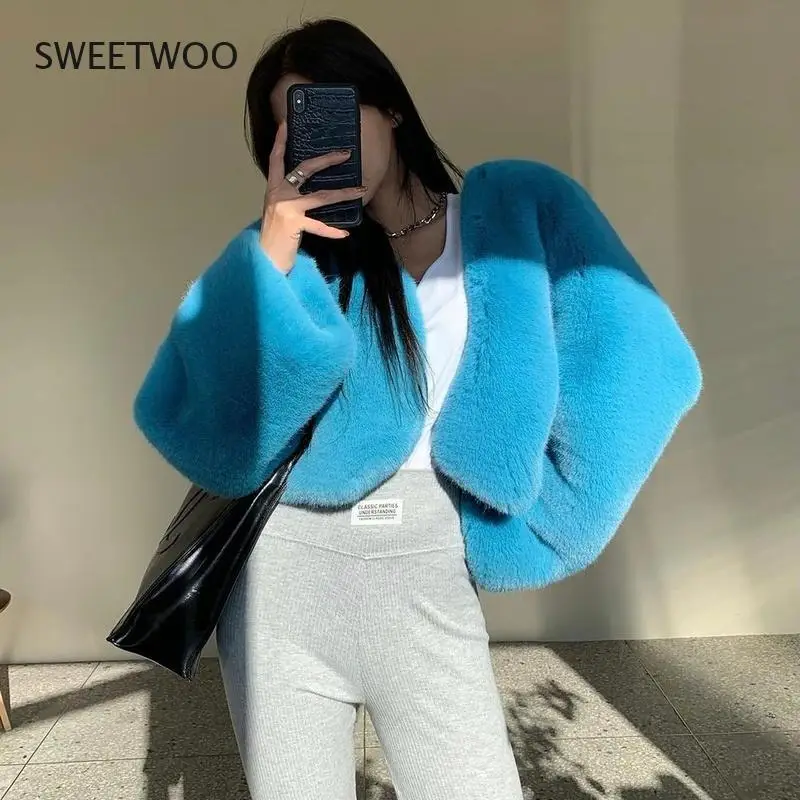 Temperament V Long Sleeve Blue Faux Fur Short Jacket Retro Sexy Slim Crop Cardigan Autumn Winter Clothes Black White Grey Korean