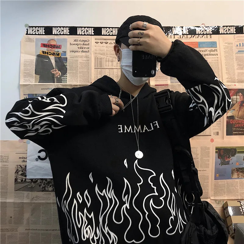 N GIRLS Streetwear Sweatshirt Hoodies Casual Oversized Flame Print Pullovers Tops Harajuku Long Sleeve Plus Fleece Winter Hoodie