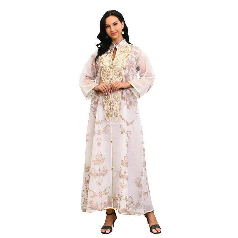 

Ab188 Muslim Middle East Dubai Robe Mesh Embroidery Applique Dress Fashion Evening Gown Saudi Style Long Party Dresses Clothing