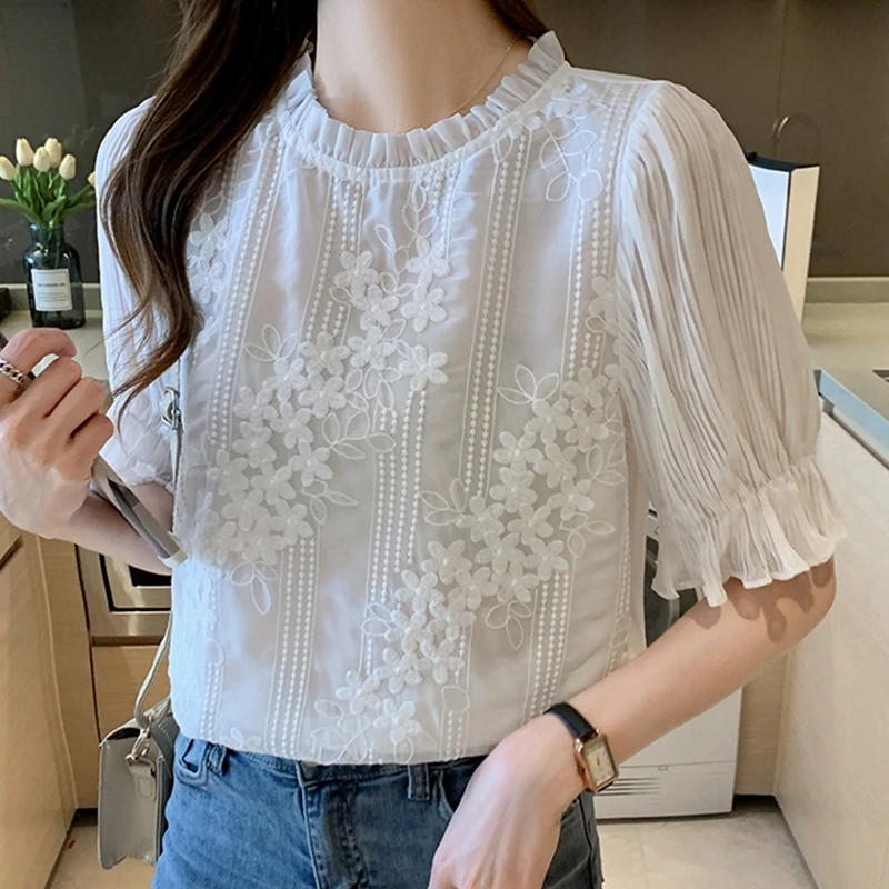 

Summer Half Sleeve Ruffle Flower Embroidered Chiffon Blouse Women Shirts Casual Loose Tops Korean Ladies OL Work Shirt Blouses