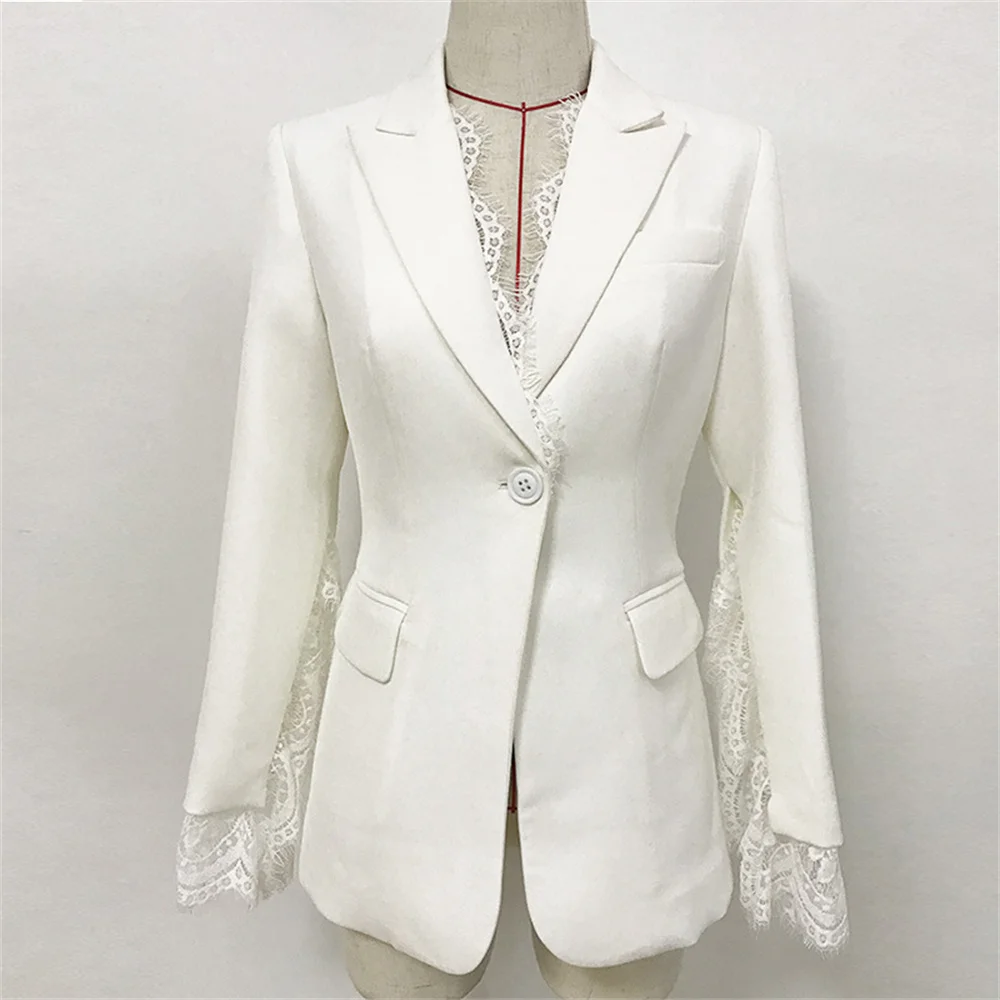 2023 Women's Jacket Pants Sets Black White Slit Sleeve Lace Spliced One Button Slim Suit Ladies Elegant Formal Office  Blazers