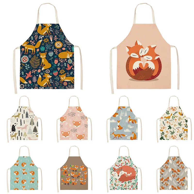

Kitchen Women Apron Cartoons Fox Printed Linen Adult Childs leeveless Aprons 65x53cm Waterproof Home Cleaning Tools