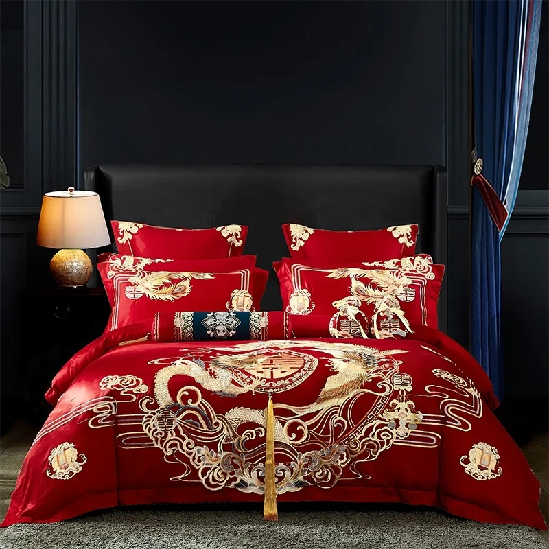 

Luxury Gold Phoenix Loong Embroidery Chinese Wedding 100S Egyptian Cotton Bedding Set Duvet Cover Bed sheet Bedspread Pillowcase