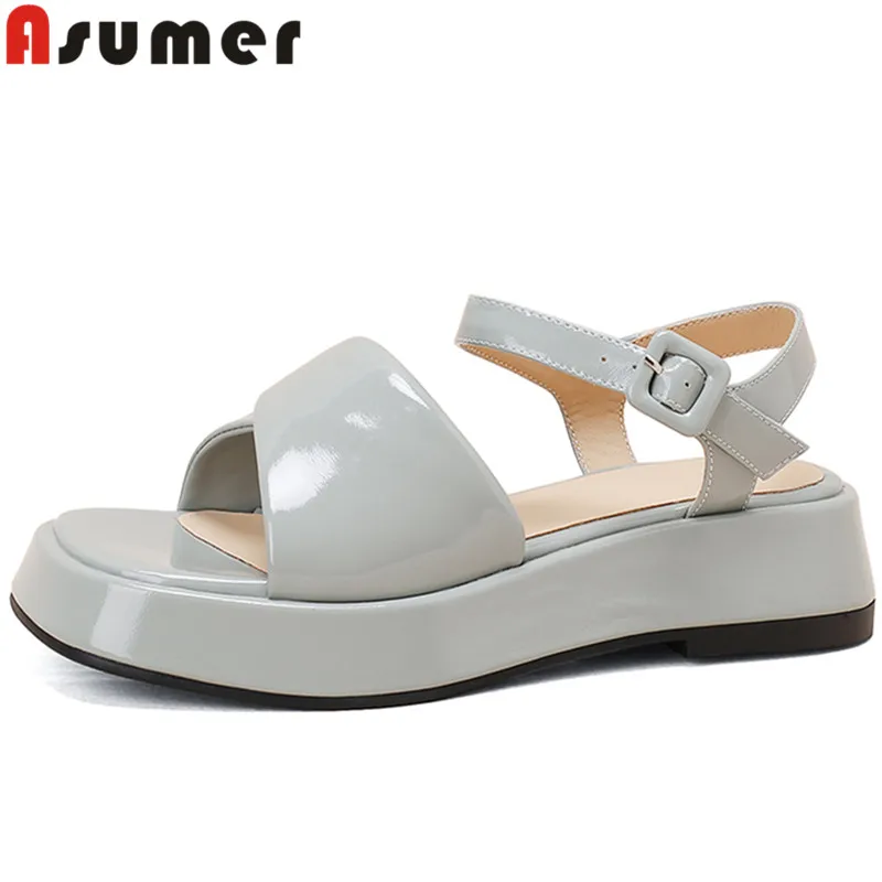 

ASUMER 2022 New Buckle Strap Patent Leather Women Sandals Simple Flat With Heels Sandals Ladies Dress Platform Shoes