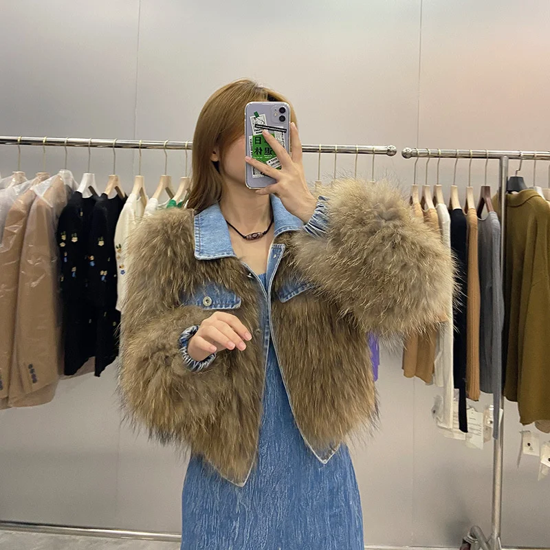 Fashion Ladies Real Fur Jacket Single Breasted Denim Patchwork Natural Raccoon Fur Coat Women