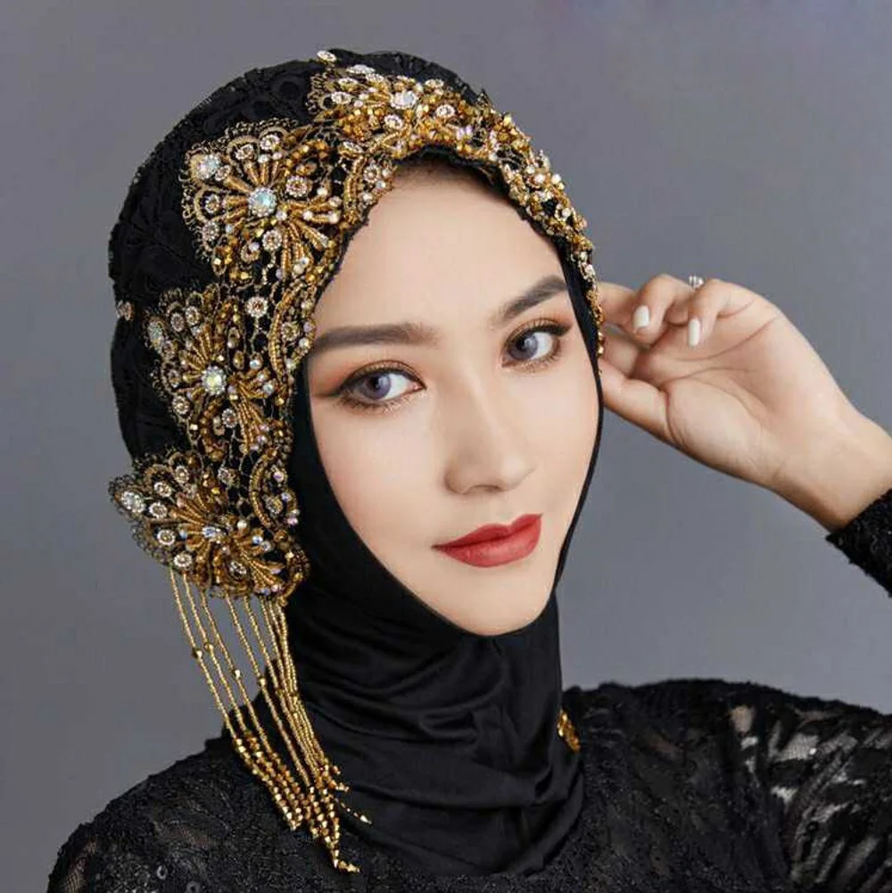Women's New Muslim Beads Lace Hot Diamond Hat Dubai Turkey India Abaya Arab Islamic Women Morocco Kaftan Hoodie Hat