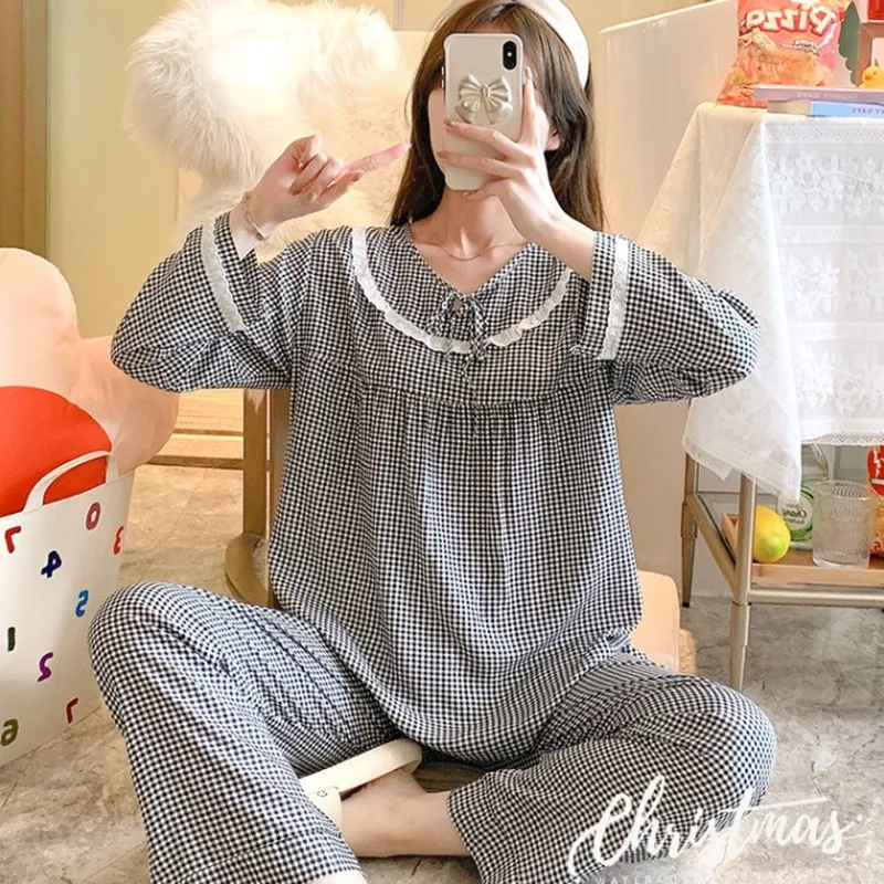 Spring Autumn Ladies Long Sleeves Nightdress Cotton Silk Trousers Sleepwear Lace Women Lounge Pajamas Set Pullover