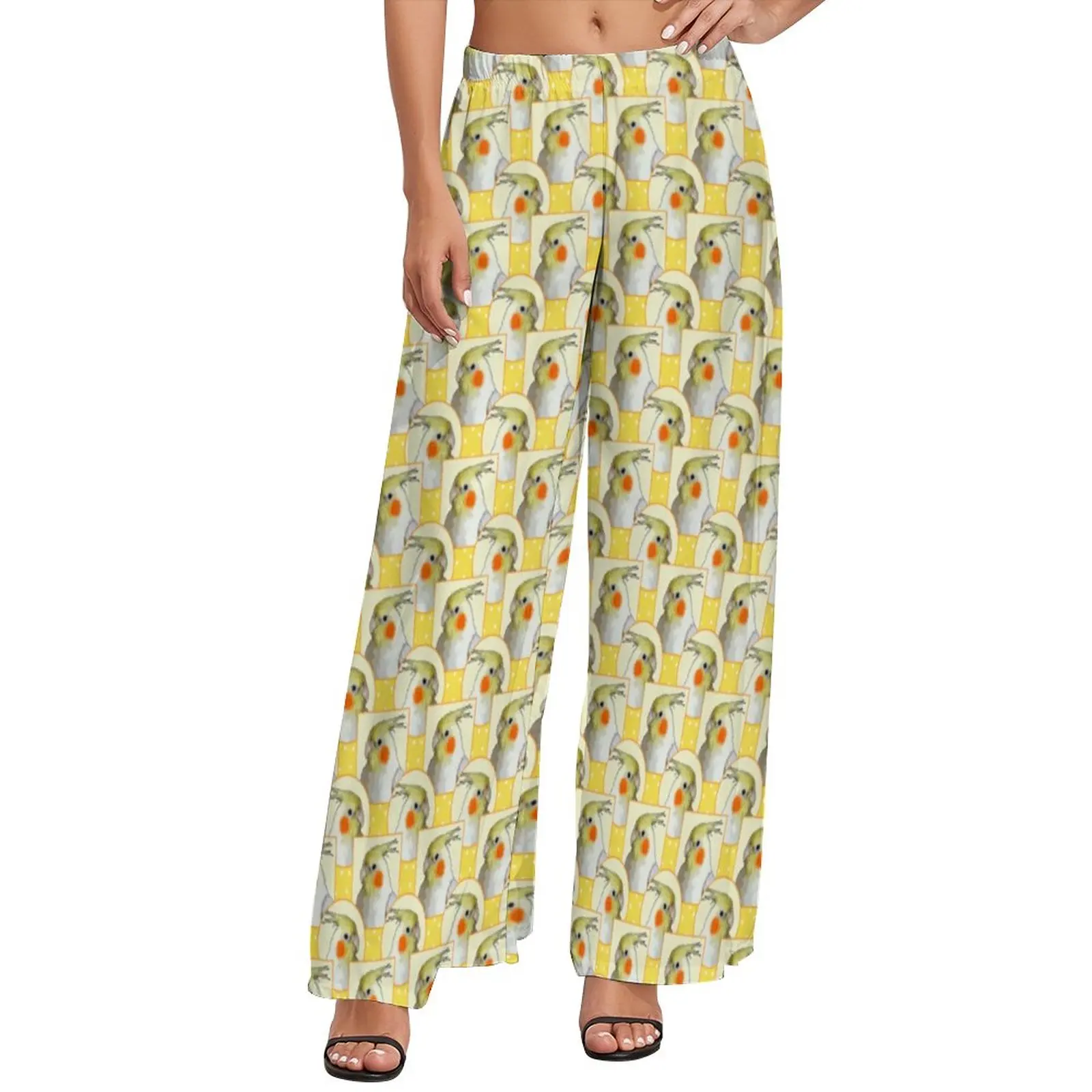

Yellow Pet Parrot Pants Cute Birds Print Aesthetic Straight Wide Leg Pants High Waisted Home Trousers Large Size