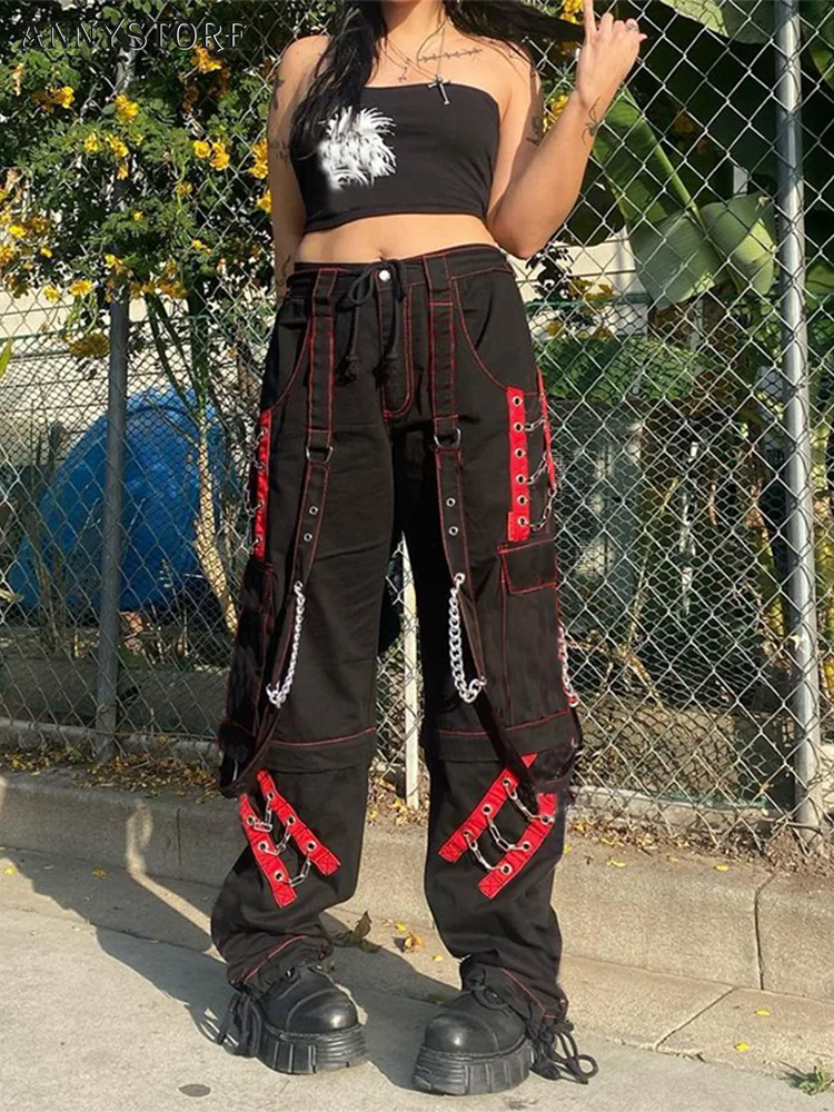 

2022 Gothic Bandage Chain Women Pants Hip Hop Fairycore Vintage Trousers Punk Style Egirl Casual Streetwear Baggy Cloths 90s