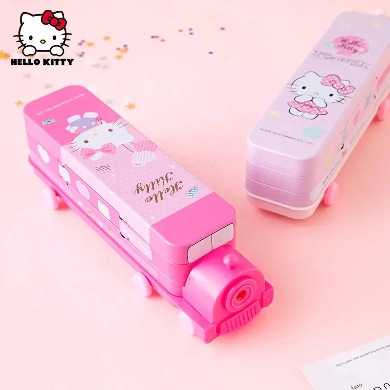

Шкатулка для канцелярских принадлежностей Hello Kitty с мультипликационным рисунком, двухслойная вместительная школьная милая розовая шкатулк...