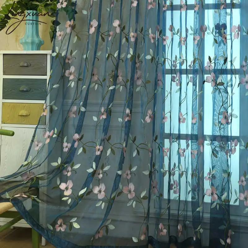 

Floral Embroidered Sheer Tulle Curtains For Living Room Jacquard Pastoral Window Voile Curtain For Bedroom Kitchen Binds Customs