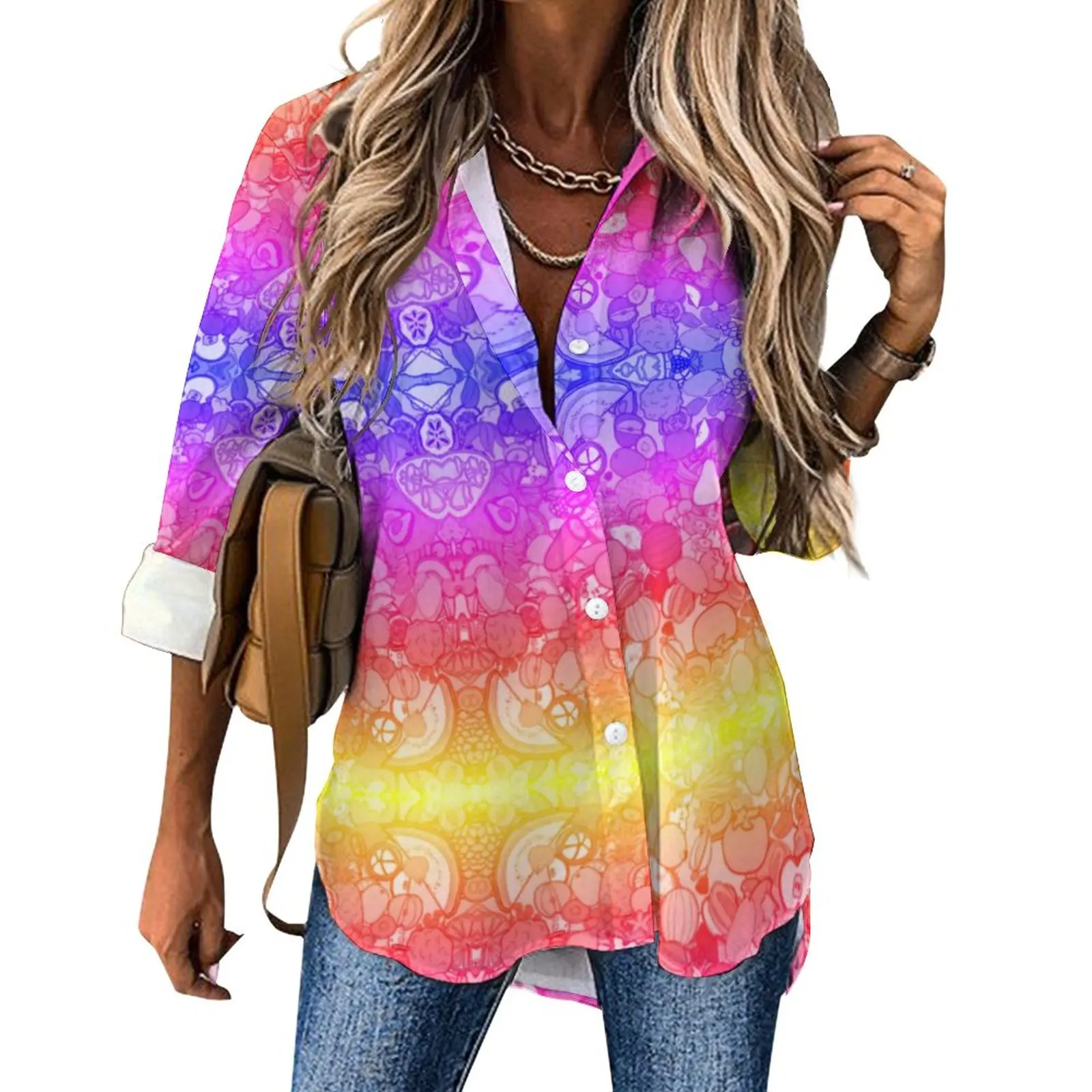 

Bright Fruit Doodle Casual Blouse Long-Sleeve Rainbow Print Cool Blouses Female Loose Oversized Shirt Graphic Top Gift