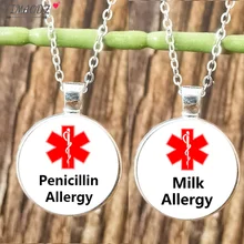 Medical Alert Necklace for Men Women Peanut Bee Milk Penicillin Allergy Glass Picture Handmade Chain Necklaces Jewelry Friend