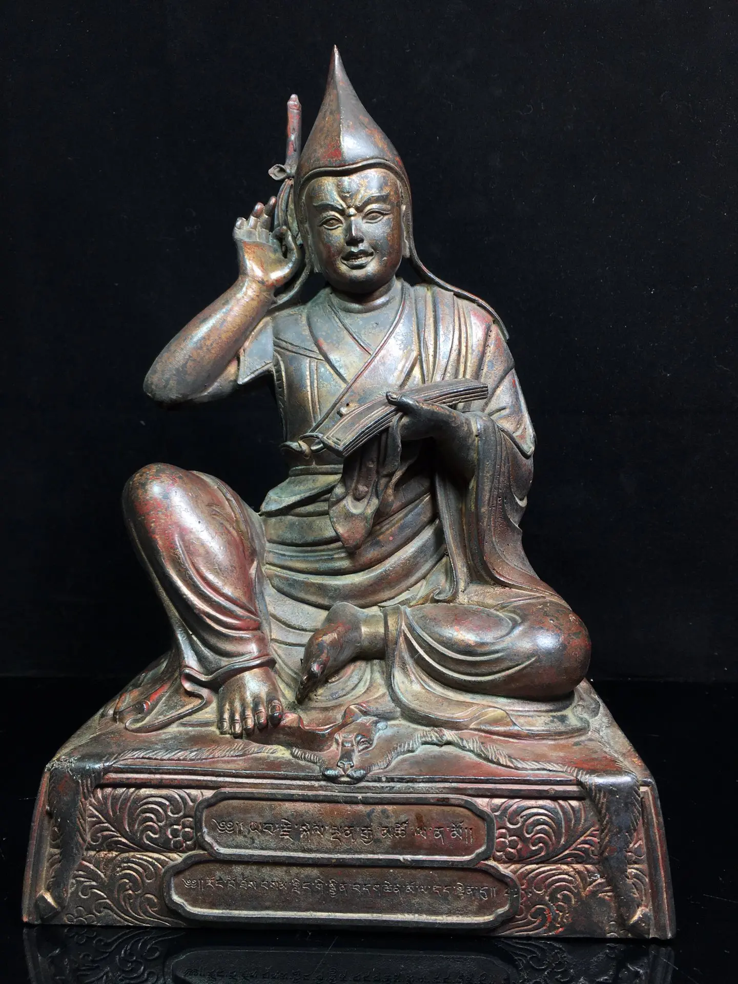 

11" Tibetan Temple Collection Old Bronze Cinnabar mud gold Tsongkhapa Buddha Buddha Terrace worship buddha Town house Exorcism