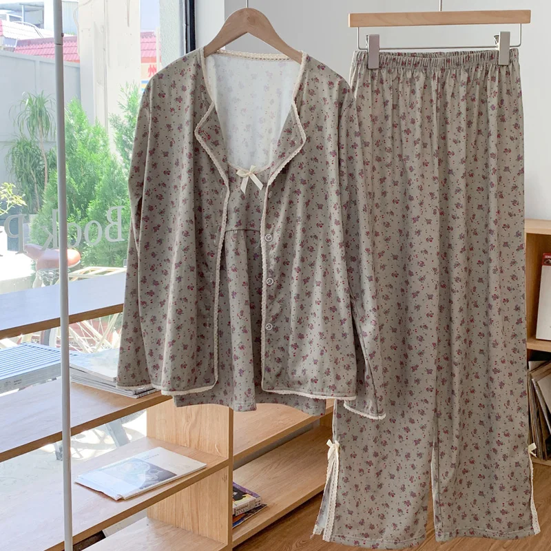 Women Pajamas Set Sling Cotton Pajamas 3 Peices Sleepwear for Women Long Sleeves Breathable Sexy Robe Homewear SexyTop Trousers