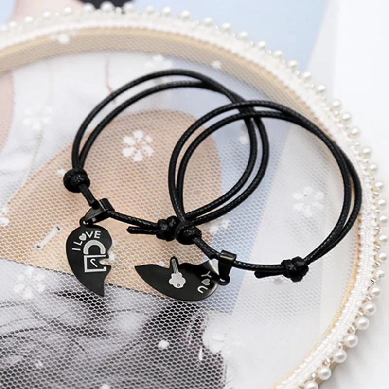 

2PCs/set New Couple Bracelets for Women and Men Lovers Black Stainless Steel Heart Two Halves Paired Bracelet Fashion Jewelry
