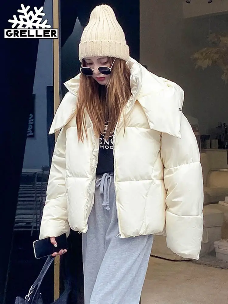 GRELLER 2022 Winter New Korean Style Fluffy Hooded Bread Down Jacket Women Thick Loose Hooded Short Jacket Winter Coat Clothes
