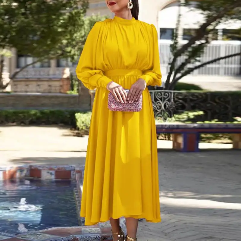 

VONDA 2022 Elegant Women Fashion Robe Round Neck Dress Femme Puff Sleeve Pleated Solid Sundress Baggy Long Maxi Vestido Oversize