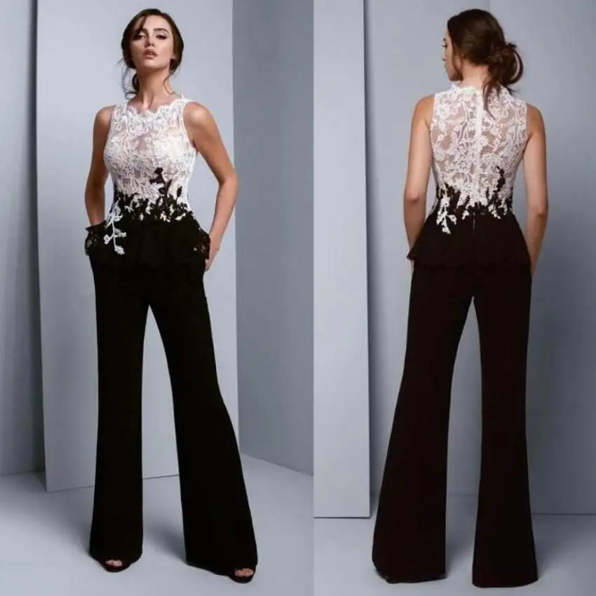 

Womens Jumpsuit Elegant Formal Evening Dresses 2022 White Lace Black Pantsuits See Though Top Prom Bridesmaid Party Dress Plus S