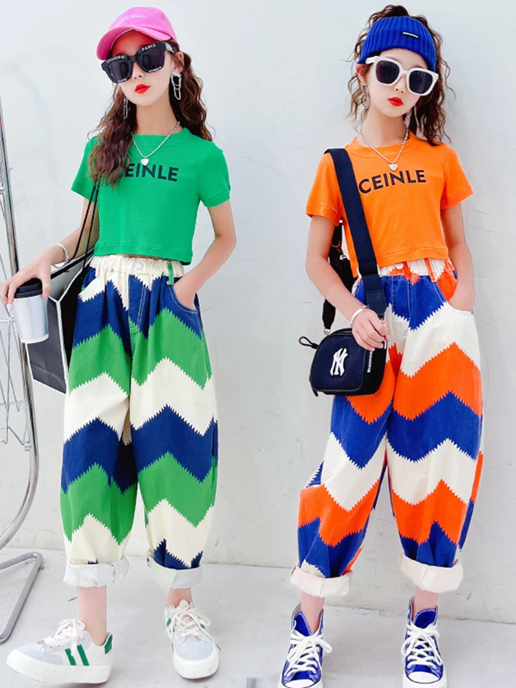 

Girls loose tide brand pants spring and summer new children's big children fried street harem pants two-piece set