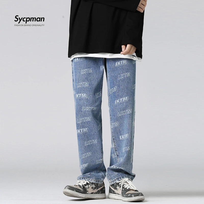 Alphabet Full Tide Brand High Street Jeans Mens Straight Tube Loose Versatile Personalized Student Pants Autumn and Winter Denim