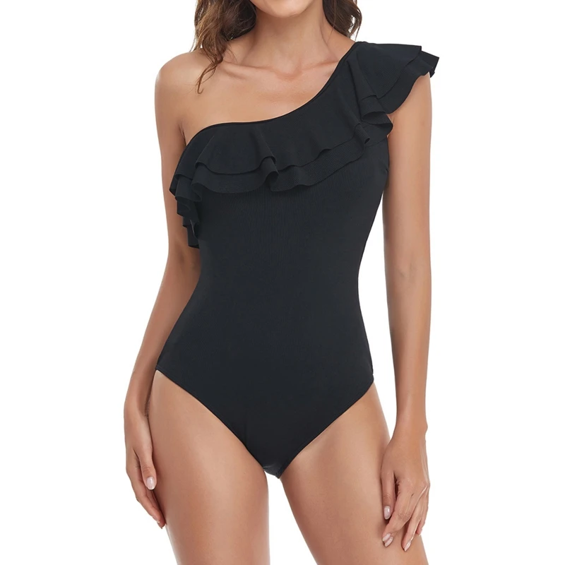 

fashion sexy Asymmetric One-shoulder Neckline with Chest Pad Ruffled Trim high elasticity solid color One Piece Bikini