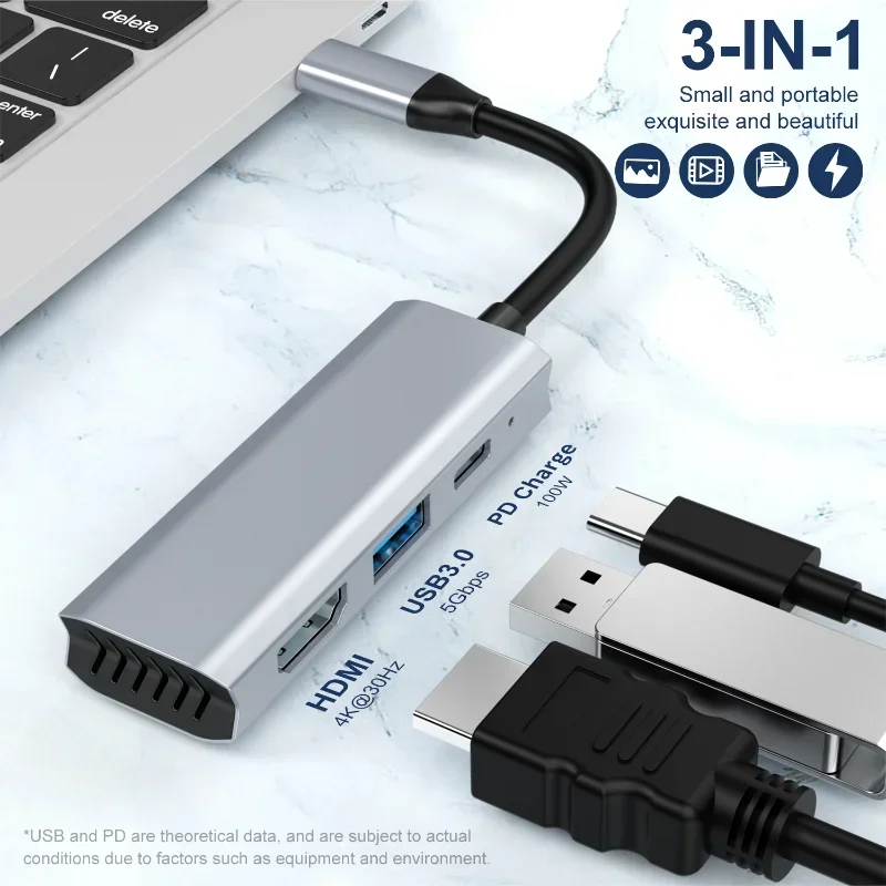 USB HUB 4K HD Adapter TYPE-C to 3-in-1 USB-C hub laptop expansion for MaBook Pro Ar M2 M1 with usb3.0 PD