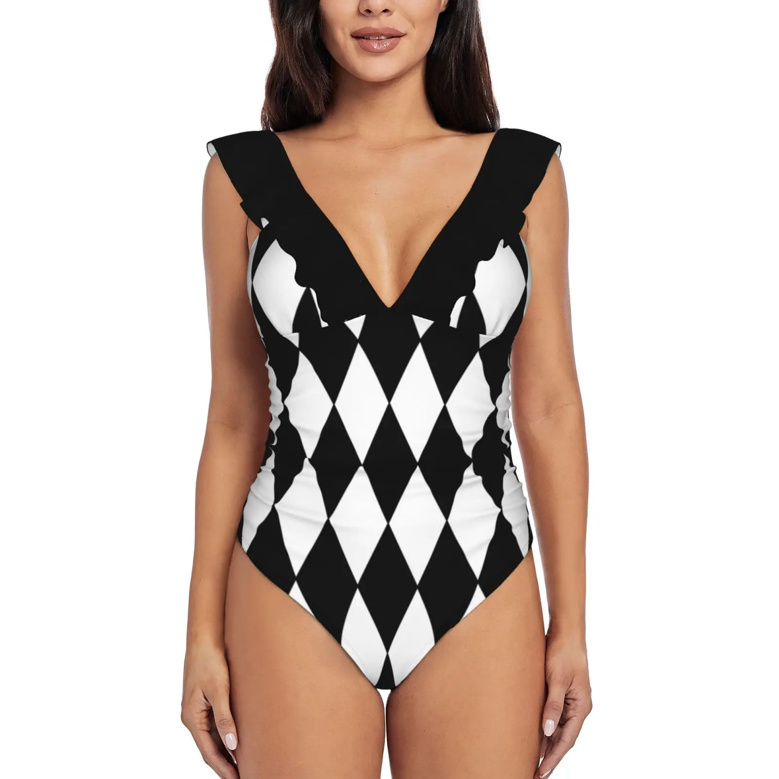 

Черно-белый монокини, новый слитный купальник с оборками, Женский сексуальный купальник, женский купальный костюм с принтом, черный, белый, ...