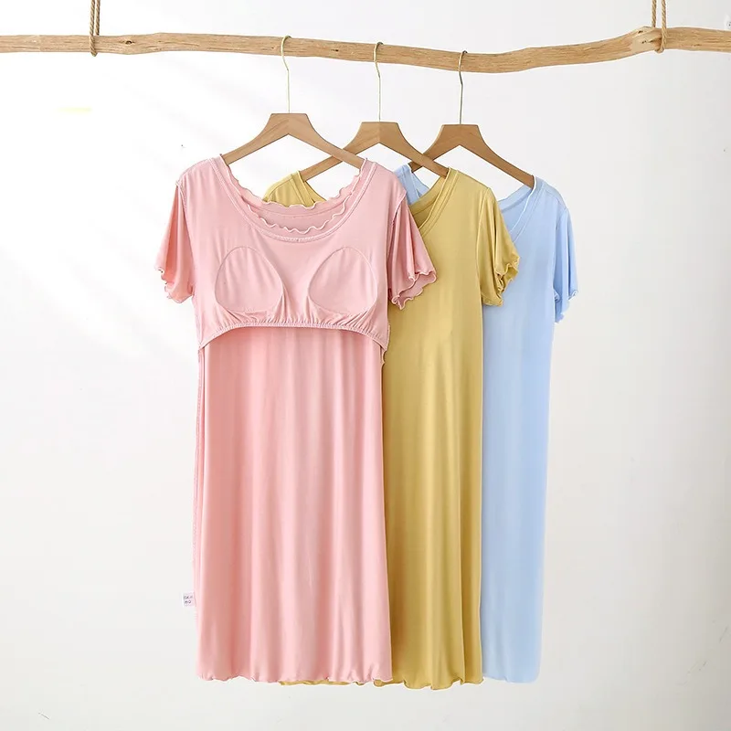 Ms nightgown Women's Nightgown Summer Short Sleeve Round Neck Modal With Chest Pad Sleeping Dress Nighty For Ladies Night Wear