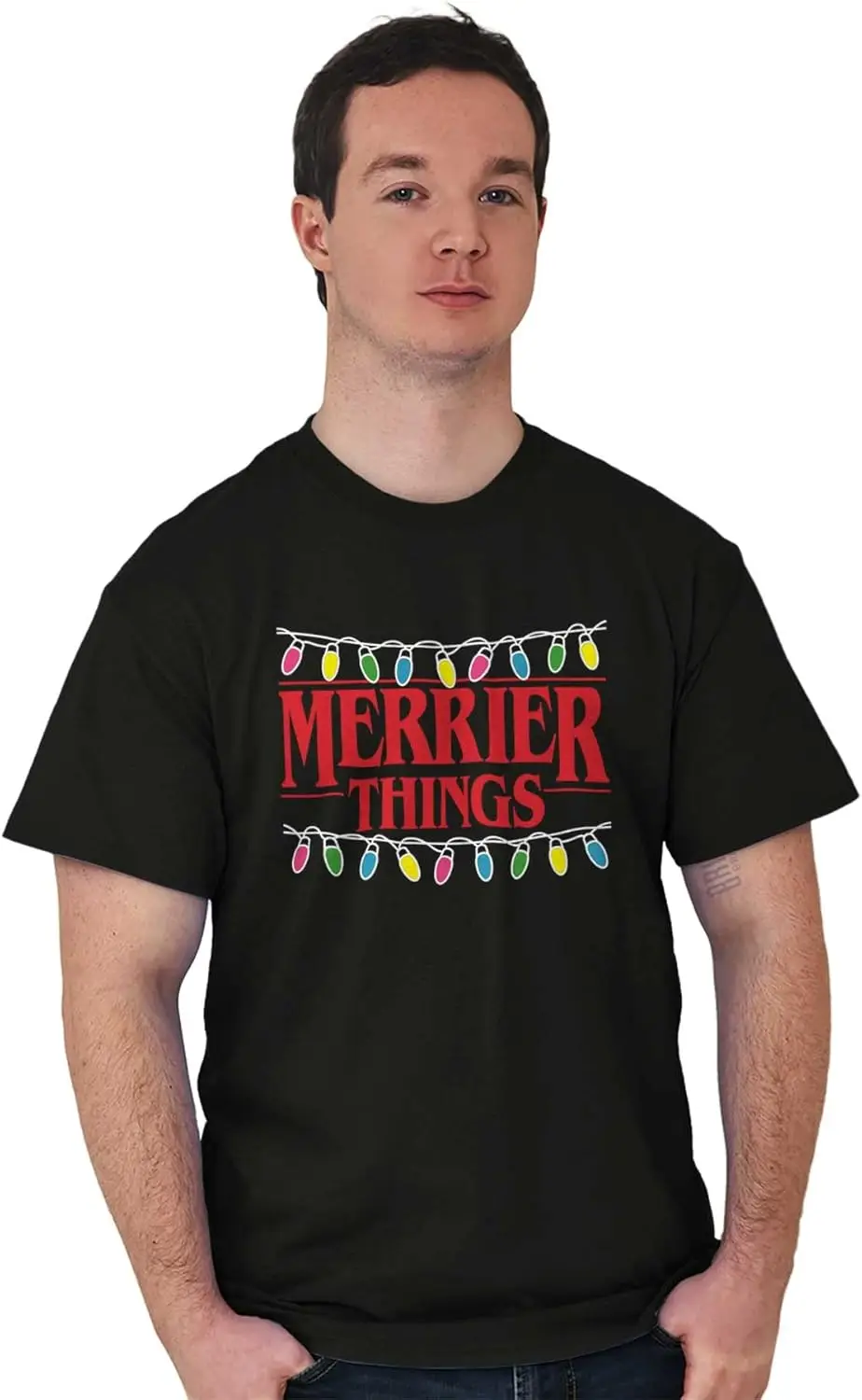 Футболка с рисунком Brisco Brands Merrier Things Christmas Lights для мужчин и женщин