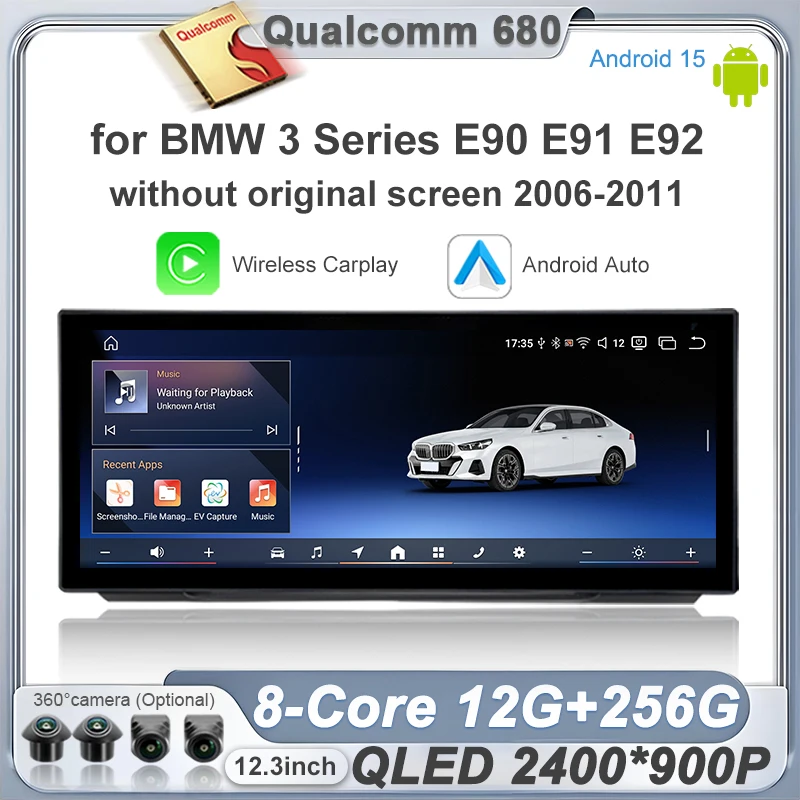 Фото Android 15 для BMW 3 серии E90 E91 E92 325i 320i 318i 2006-2011: автомагнитола с Carplay, DSP, навигацией GPS и мультимедийным плеером №1