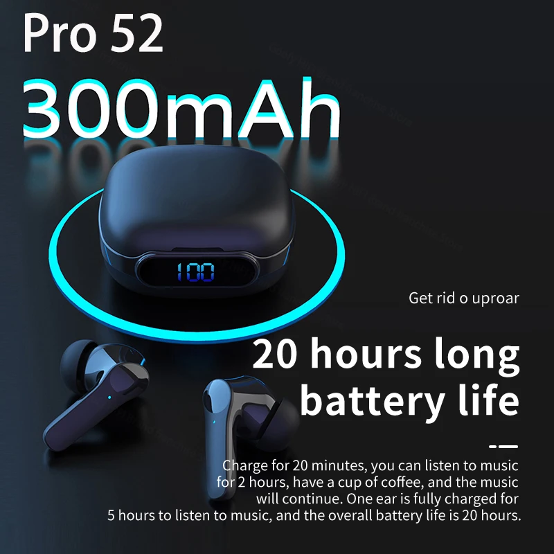 

Pro 52 TWS Wireless Bluetooth Earbuds Noise Cancelling Headphones 300mAh Digital Display Subwoofer Touch Sports Earbuds with Mic