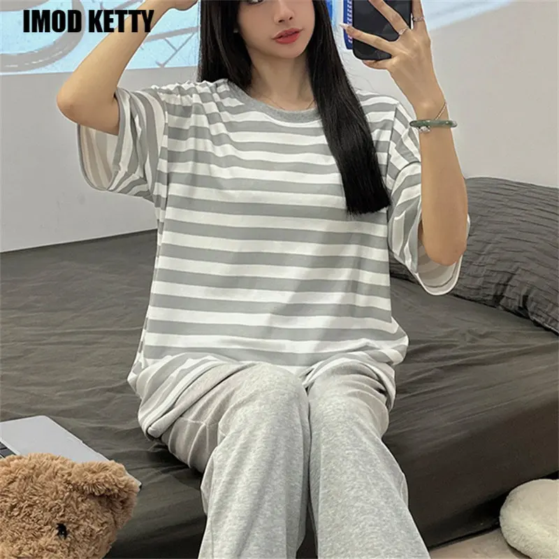 

Simple Design Home Popular Striped Basic Korean Style Colleges Lounge Wear Loose Pajama Sets Women Breathable Casual Summer Cozy