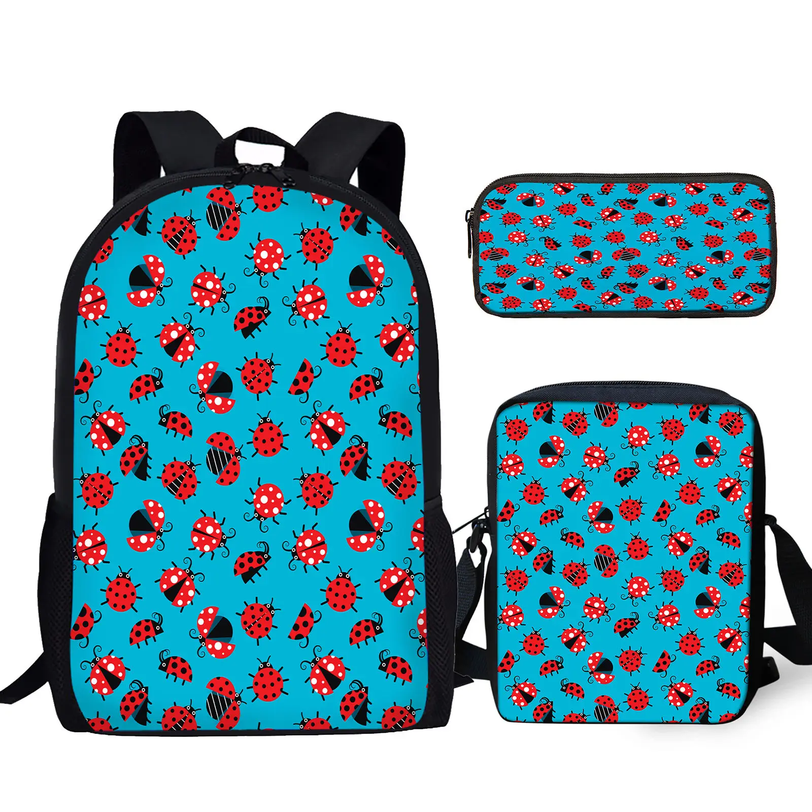 

YIKELUO Cute Cartoon Ladybug Print Blue Backpack Casual Outdoor Waterproof Travel Bag Messenger Bag Insect Print Pencil Case