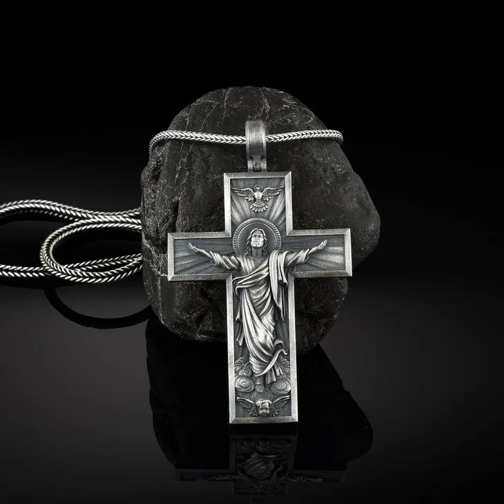 

Classic Pure Tin Jesus Crucifixion Cross Pendant Necklace for Woman and Men Christian Amulet Jewelry Gifts Titanium Steel Chain