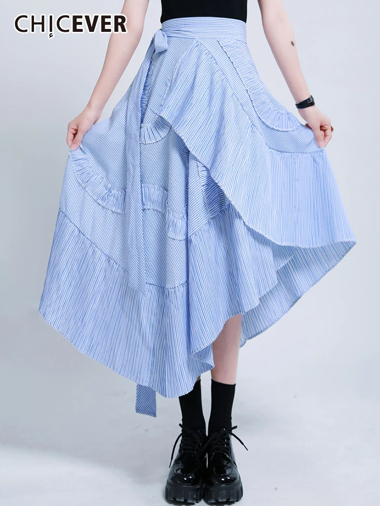 

CHICEVER Asymmetrical Hem Striped Skirts For Women High Waist Patchwork Lace Up Ruched A Line Skirt Female Fashion 2023 Spring
