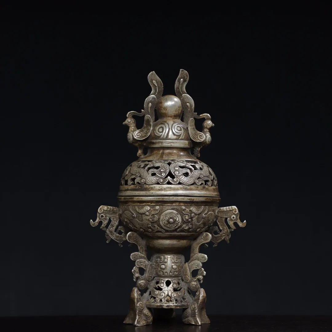 

11"Tibetan Temple Collection Old Bronze Gilded silver Four directions Phoenix Dragon Statue incense burner Worship Hall