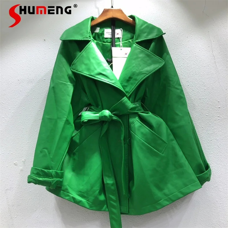 

2022 Spring New Korean Style Female Loose Lace-up White Mid-length Jacket Women's Suit Collar Mid PU Leather Coat Streetwear
