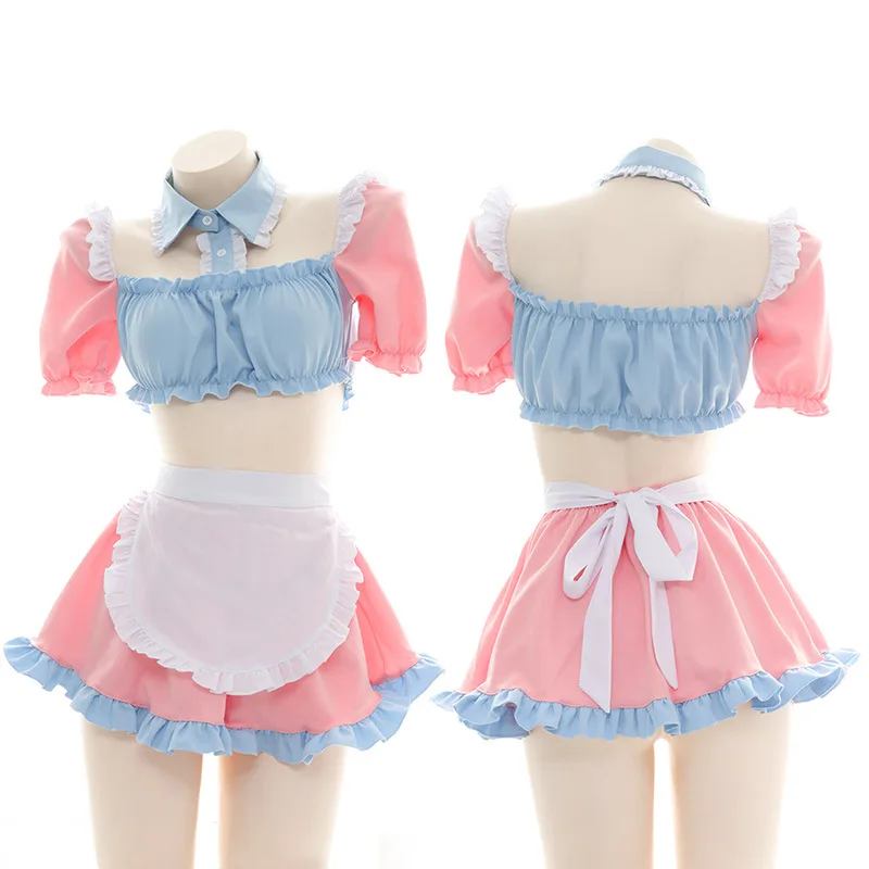Sexy Lingerie Cosplay Costumes Maid Outfit Cute Home Cat Ear Pink Blue Top Short Skirt Servant Uniform Women's Exotic Dress New
