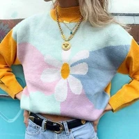 new patchwork knitwear jumper sweet flower pullover cute turtleneck women sweater knitted long sleeve autumn tops woman sweaters