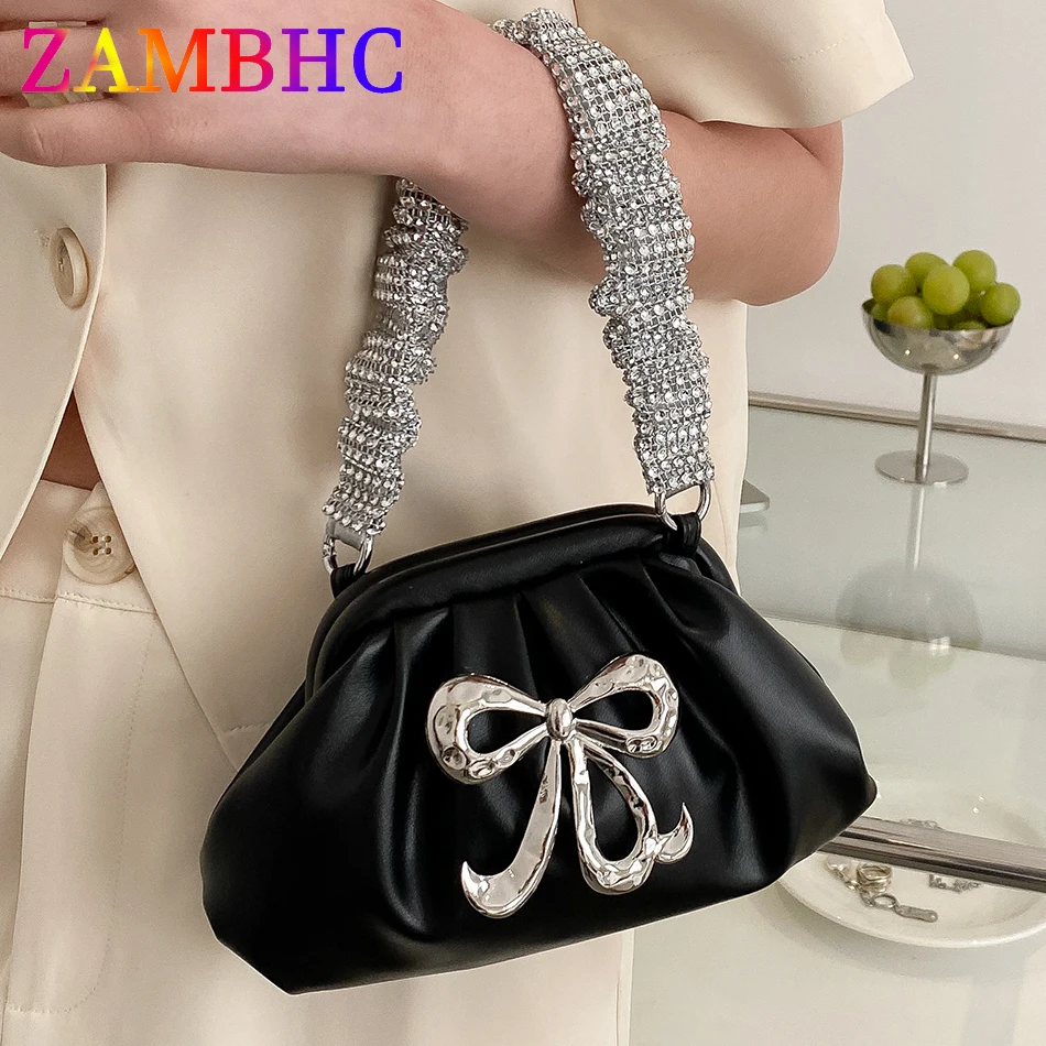 

Elegant Ladies Evening Party Bow Bag Luxury Diamonds Handle Shoulder Crossbody Bags for Women Designer Brand Small Cloud Clutch