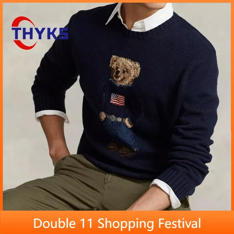 

Свитер с вышивкой и маленьким медведем, Осенний Модный повседневный Классический мягкий топ с круглым вырезом, хлопковый свитер для женщин и мужчин