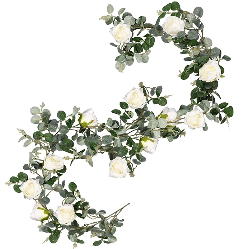 

Artificial Dollar Eucalyptus Garland With Roses,Faux Eucalyptus Leaves Vine Hanging For Indoor&Outdoor Wall Decor