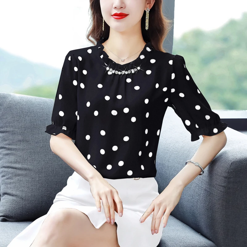 

2022 Summer Women Tops New fashion Polka dot Chiffon blouse Round neck Ruffles Beaded Short-sleeved Shirt