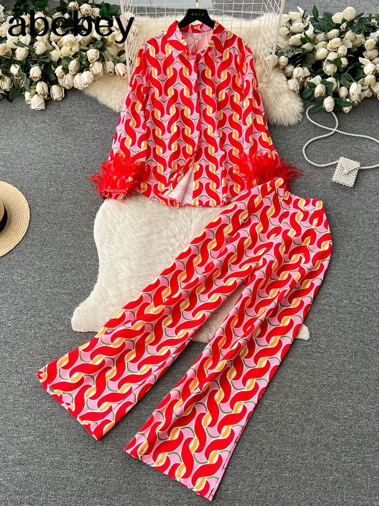 

Autumn Fahion Casual Print Suits Turndown Collar Single Breasted Loose T Shirt+ Long Pants Office Lady Two Pieces Sets