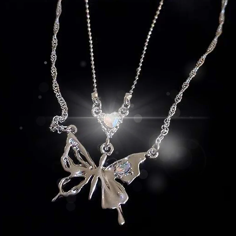 

French Exquisite Double Layer Shiny Butterfly Necklace for Women Clavicle Choker Girl Lady Gift Fashion Jewelry Korean Wedding